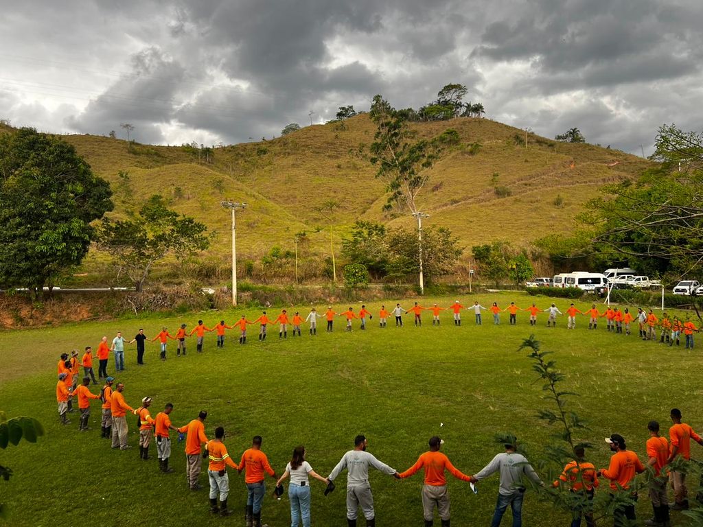Equipe de campo reunida em círculo em área de plantio, vista aérea