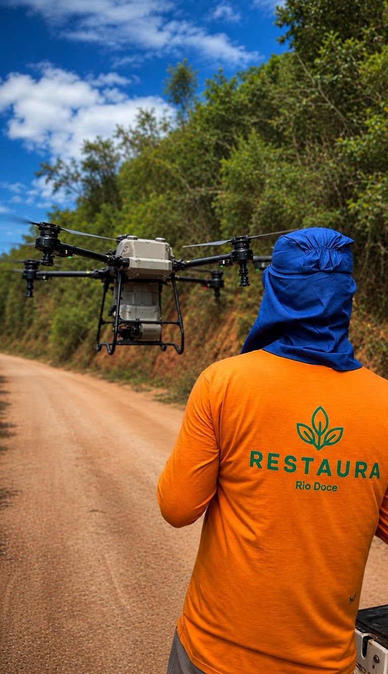 Equipe Restaura Rio Doce operando drone de aplicação em estrada de acesso à área de manutenção
