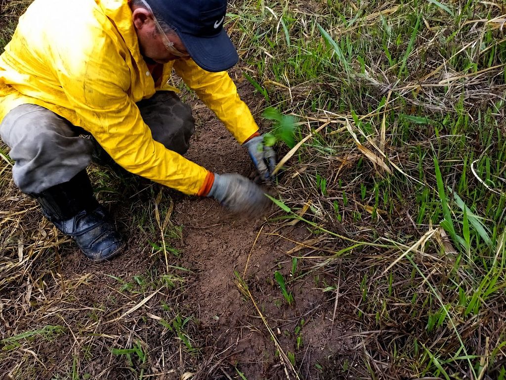 Integrante da equipe plantando muda nativa, com capa de proteção